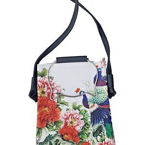 Peacock & Flowers Colorful Graphic Print Small Bag W/ Cat Shaped Metal Handles
